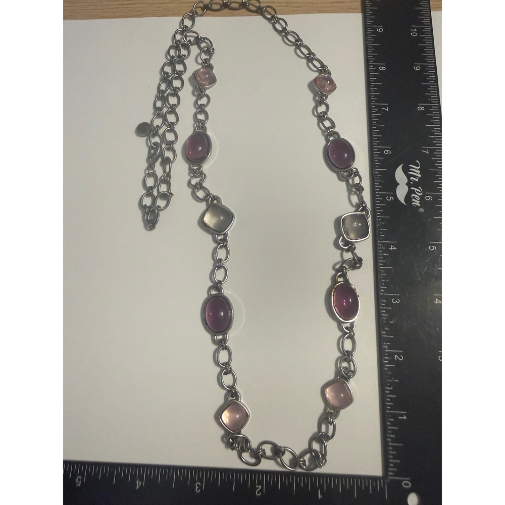 Napier‎ Silver Tone Purple Pink Frosted Cabochon Station Long Link Necklace 36"
